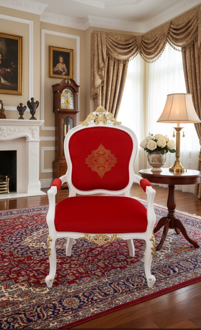 Luxury Royal Armchair – White & Gold Frame with Red Velvet Upholstery