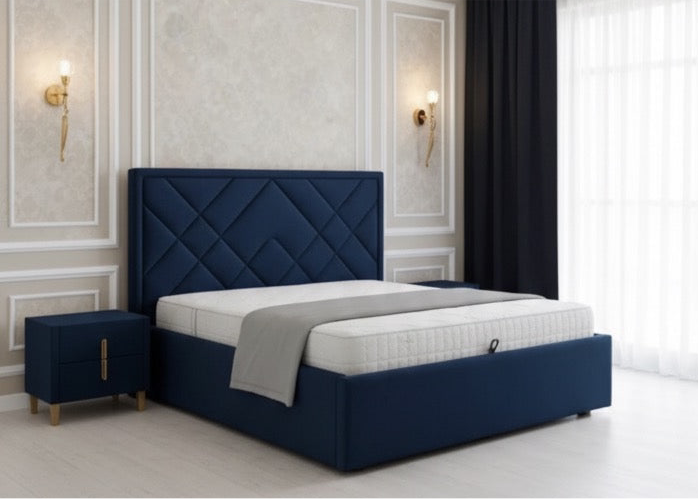 Modern Navy Blue Upholstered Bed with Geometric Headboard