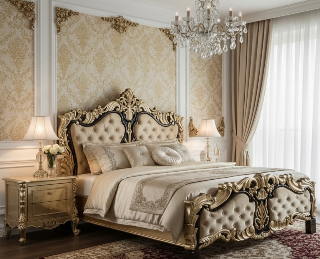 Royal Victorian-Style Tufted Upholstered Bed & Nightstands