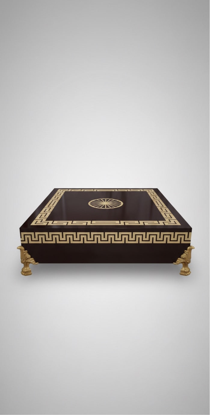 Dark Wood and Gold Greek Key Coffee Table