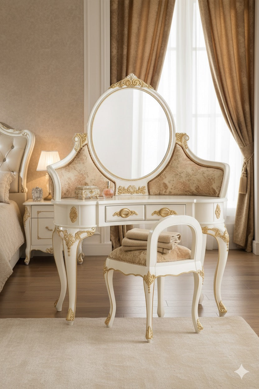 Luxury Vintage Dressing Table with Mirror & Matching Stool – White & Gold Finish