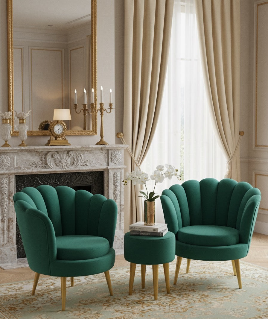 Luxury Shell Chair Set with Glass-Top Table – Emerald Green