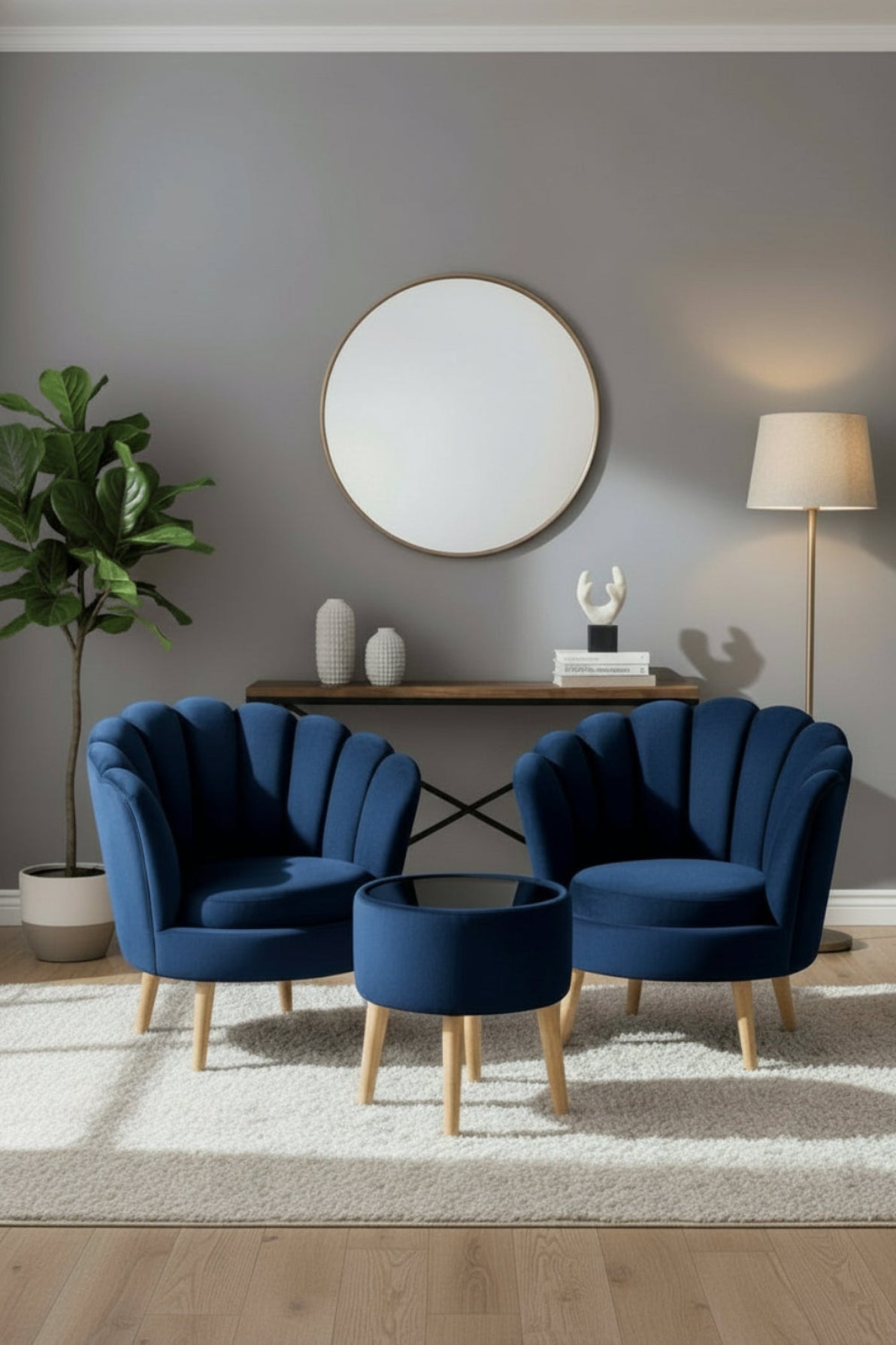 Velvet Shell Accent Chairs with Coffee Table – Navy Blue Set