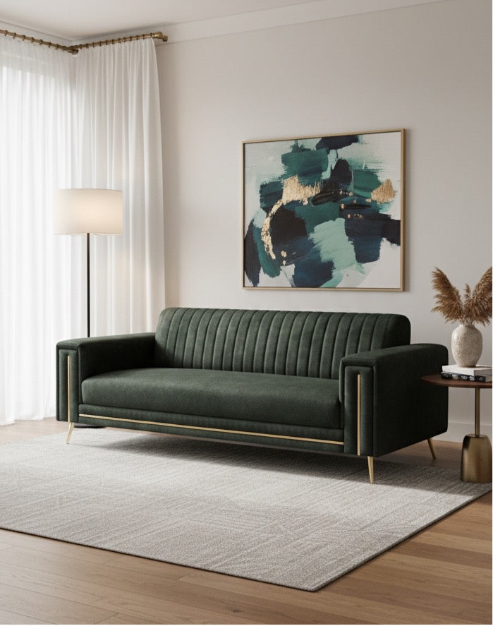 Modern Velvet 3-Seater Sofa with Gold Accents