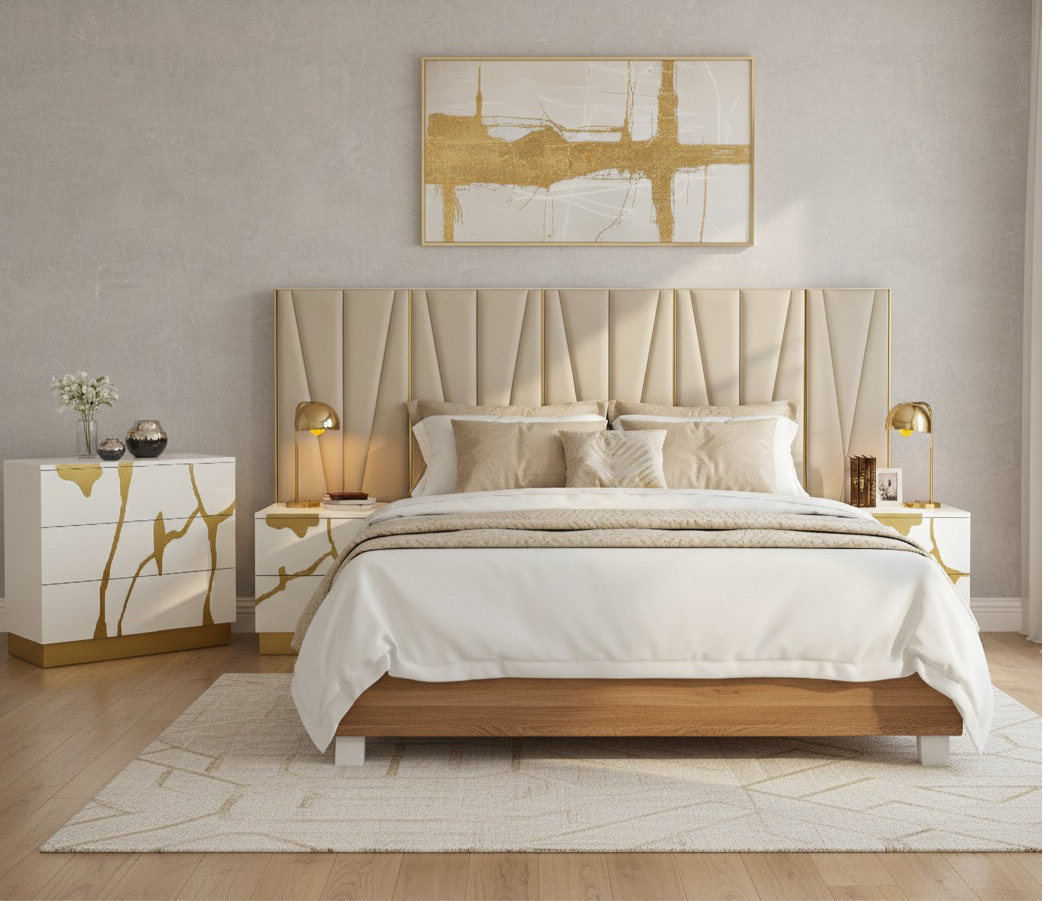 Luxury King Size Bedroom Set with Upholstered Headboard & Golden Accent Storage