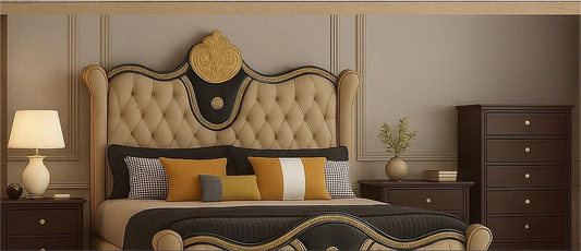 Royal Classic Bed Set with Side Tables – Black & Gold