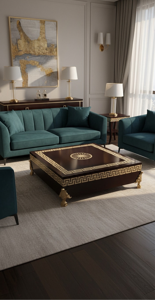 Dark Wood and Gold Greek Key Coffee Table