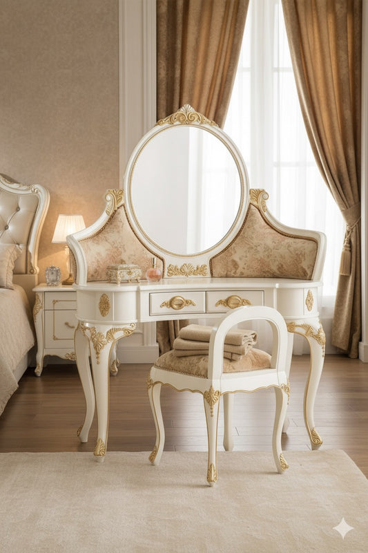 Luxury Vintage Dressing Table with Mirror & Matching Stool – White & Gold Finish