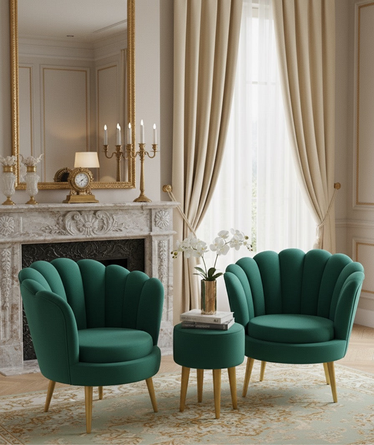 Luxury Shell Chair Set with Glass-Top Table – Emerald Green