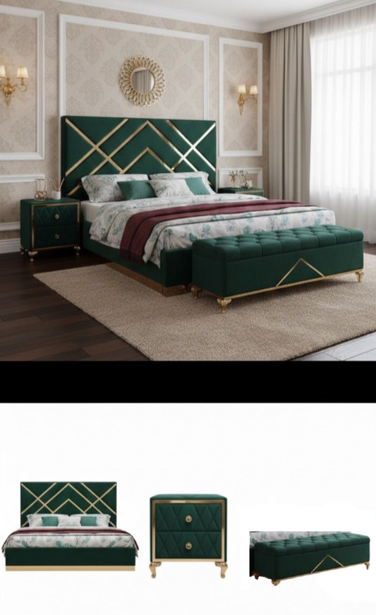 Emerald Green Bed with Geometric Gold Accents and Side Table