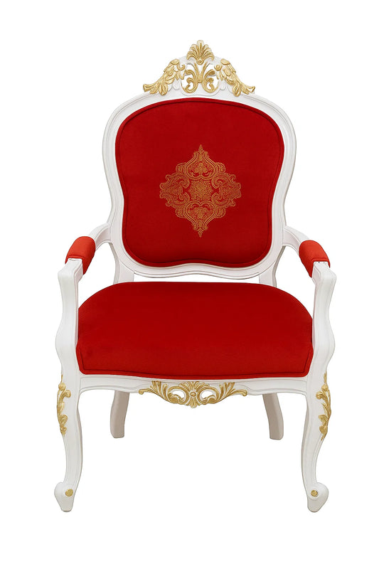 Luxury Royal Armchair – White & Gold Frame with Red Velvet Upholstery