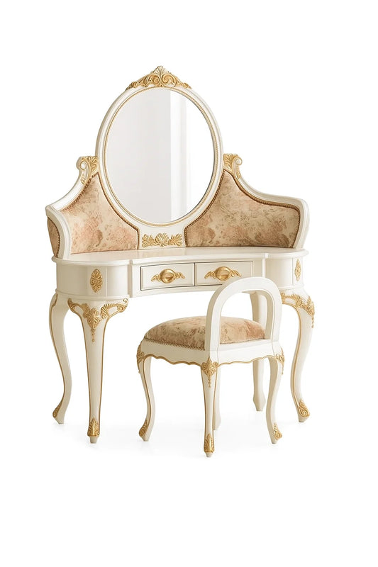 Luxury Vintage Dressing Table with Mirror & Matching Stool – White & Gold Finish