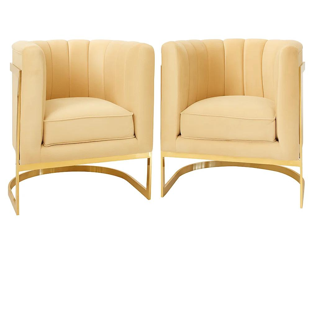 Modern Beige Velvet Barrel Chairs with Gold Metal Base