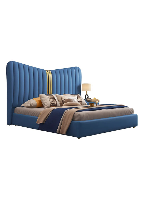Modern Blue Upholstered Bed with Winged Headboard