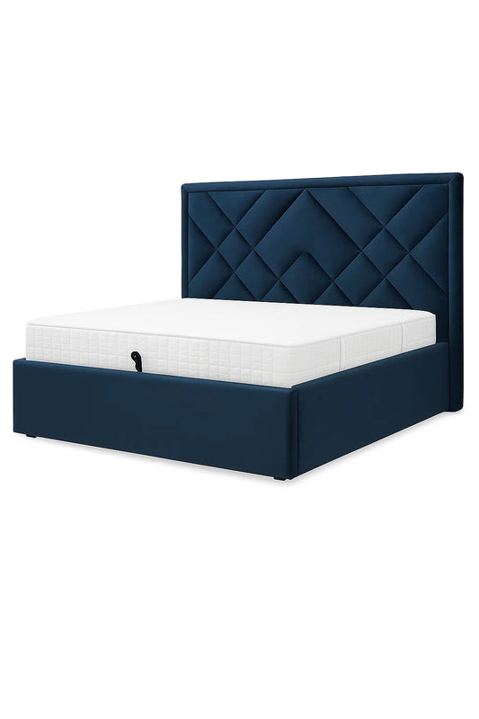 Modern Navy Blue Upholstered Bed with Geometric Headboard