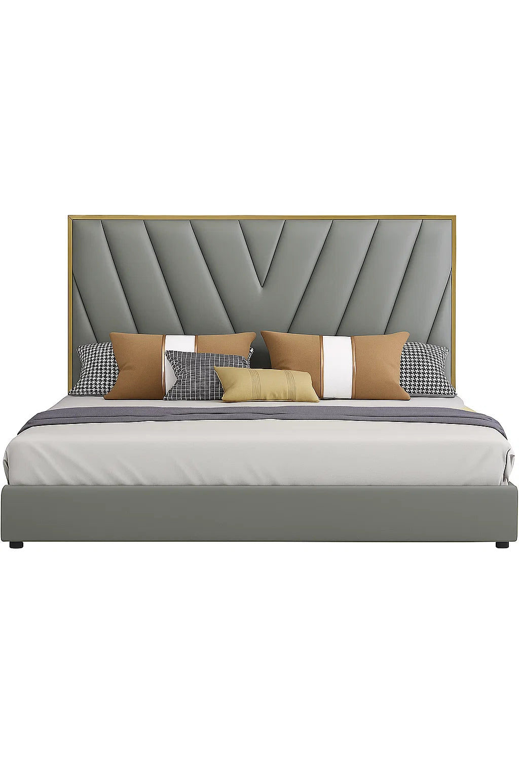 Contemporary Gray Upholstered Bed with Gold-Trimmed Headboard