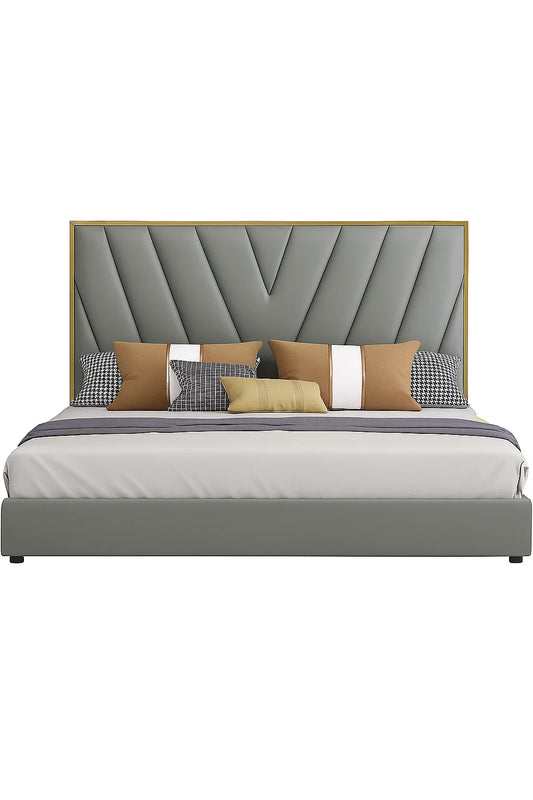 Contemporary Gray Upholstered Bed with Gold-Trimmed Headboard
