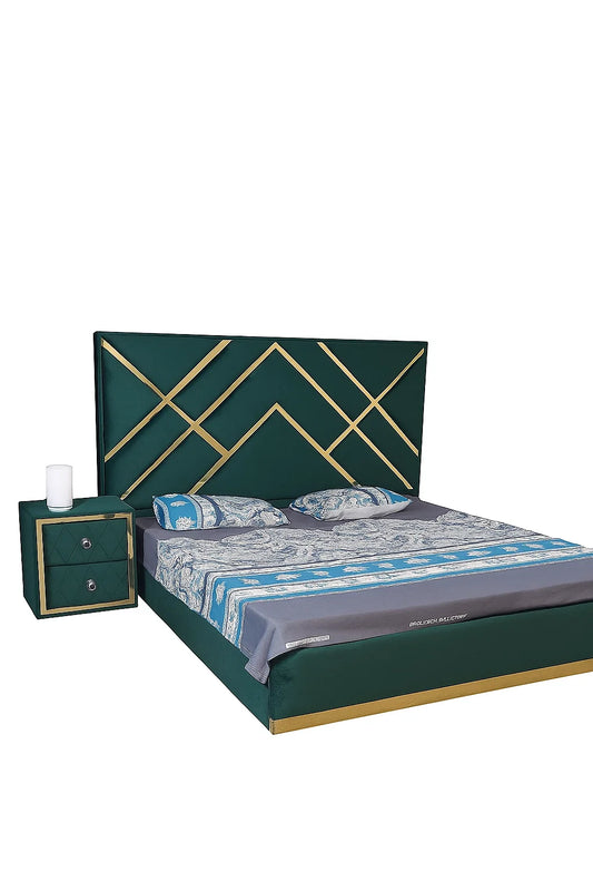 Emerald Green Bed with Geometric Gold Accents and Side Table