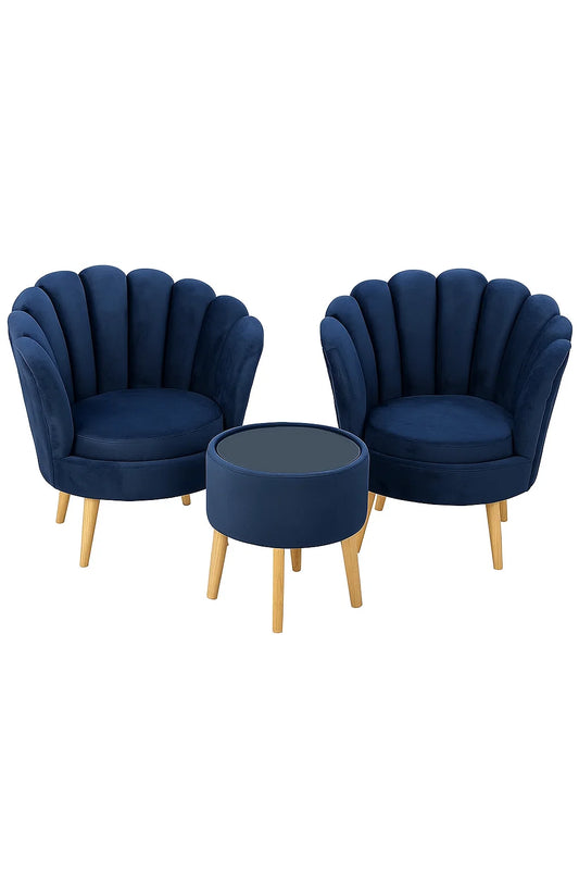 Velvet Shell Accent Chairs with Coffee Table – Navy Blue Set