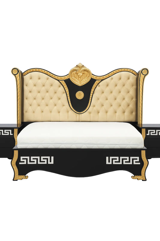 Royal Classic Bed Set with Side Tables – Black & Gold