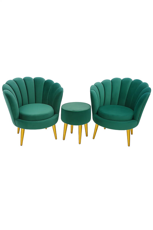 Luxury Shell Chair Set with Glass-Top Table – Emerald Green