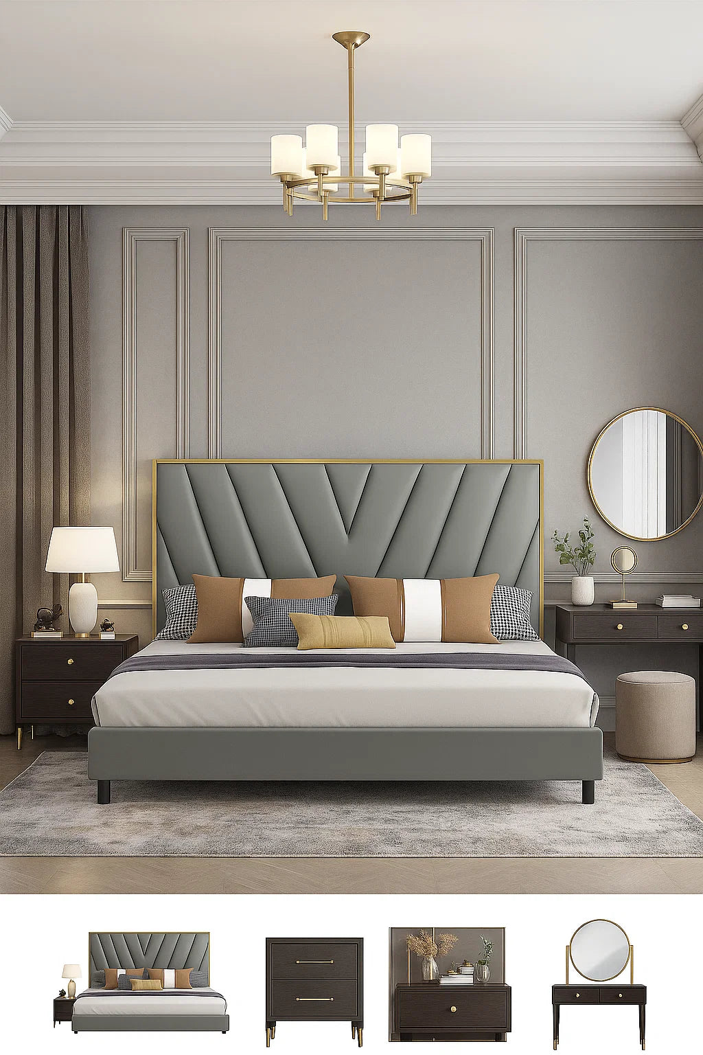 Contemporary Gray Upholstered Bed with Gold-Trimmed Headboard