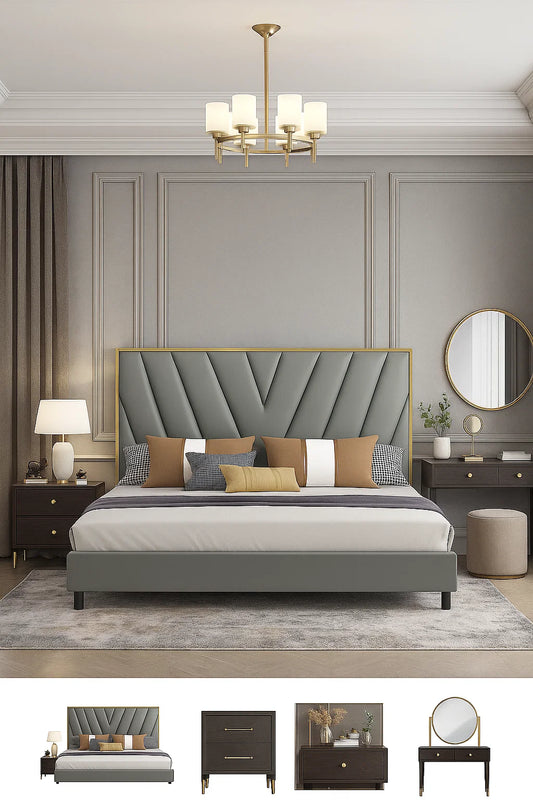 Contemporary Gray Upholstered Bed with Gold-Trimmed Headboard
