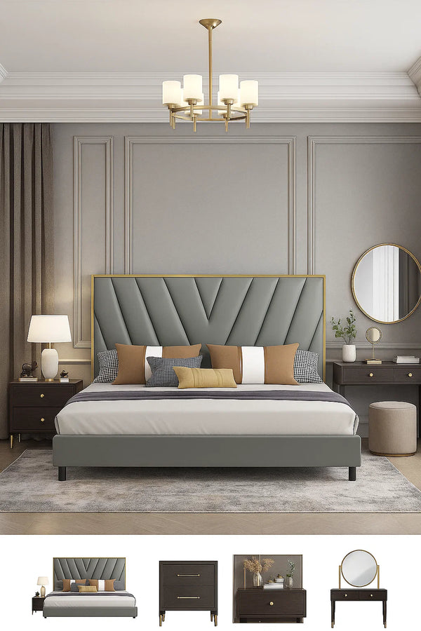 Contemporary Gray Upholstered Bed with Gold-Trimmed Headboard