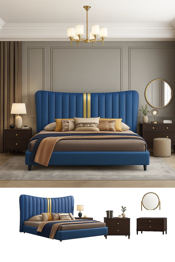 Modern Blue Upholstered Bed with Winged Headboard