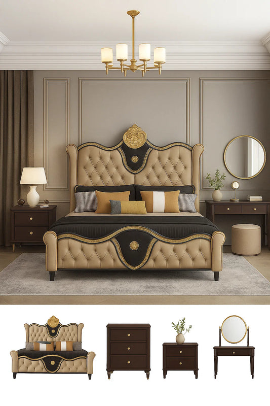 Royal Classic Bed Set with Side Tables – Black & Gold