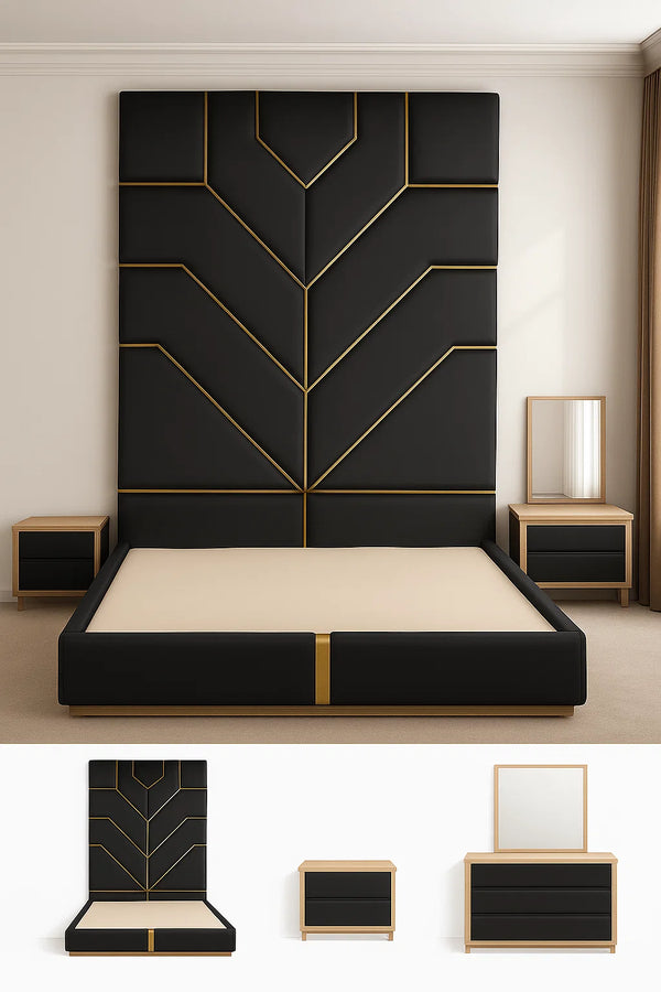 Modern Black & Gold Upholstered King Bed with Geometric Headboard and Floating Nightstands