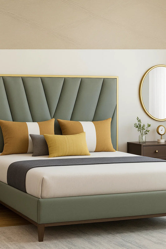 Contemporary Gray Upholstered Bed with Gold-Trimmed Headboard