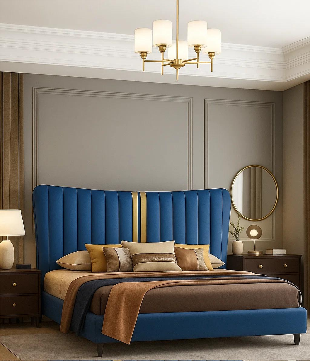 Modern Blue Upholstered Bed with Winged Headboard
