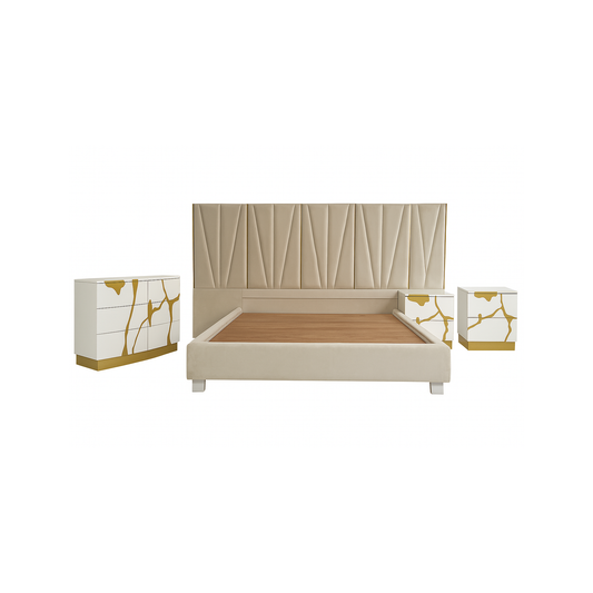 Luxury King Size Bedroom Set with Upholstered Headboard & Golden Accent Storage
